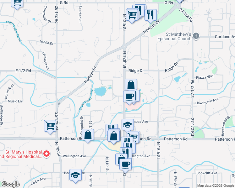 map of restaurants, bars, coffee shops, grocery stores, and more near 1155 Lakeside Drive in Grand Junction