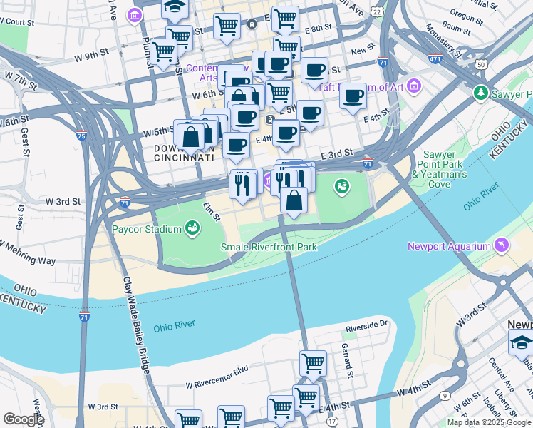 map of restaurants, bars, coffee shops, grocery stores, and more near 8 East Mehring Way in Cincinnati