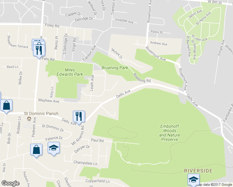 map of restaurants, bars, coffee shops, grocery stores, and more near 4123 Delhi Pike in Cincinnati