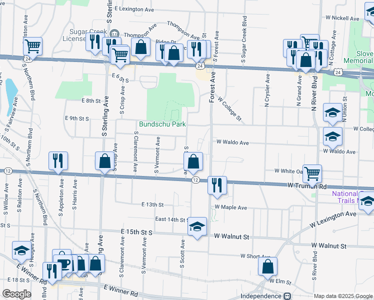 map of restaurants, bars, coffee shops, grocery stores, and more near 1112 South Scott Avenue in Independence