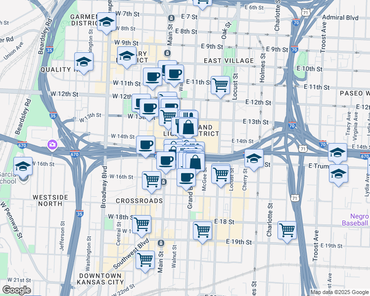 map of restaurants, bars, coffee shops, grocery stores, and more near 1457 Grand Boulevard in Kansas City