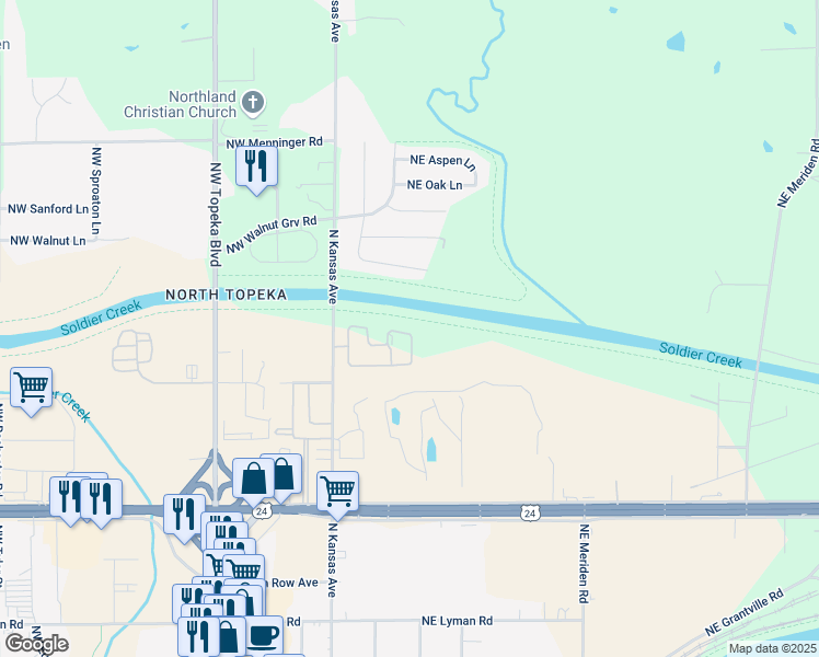 map of restaurants, bars, coffee shops, grocery stores, and more near 126 Coachlight Drive in Topeka