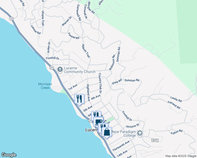 map of restaurants, bars, coffee shops, grocery stores, and more near 4397 Country Club Drive in Lucerne