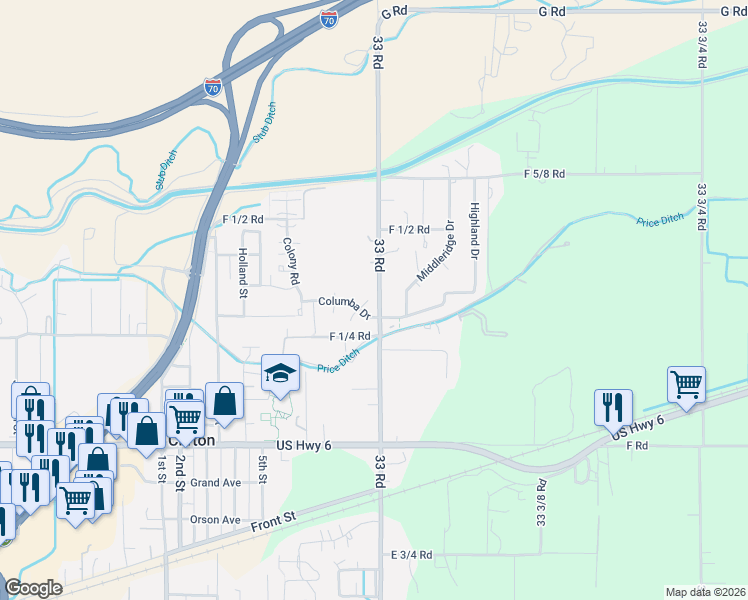 map of restaurants, bars, coffee shops, grocery stores, and more near 3299 Columbia Drive in Clifton