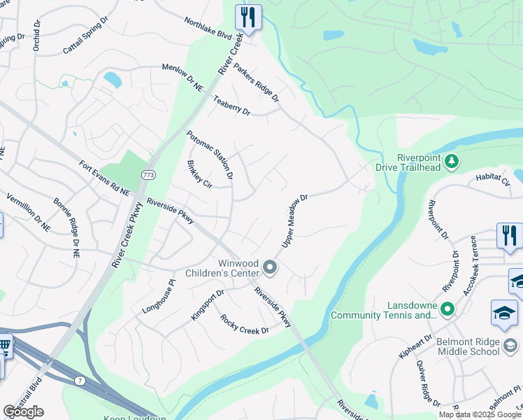 map of restaurants, bars, coffee shops, grocery stores, and more near 18793 Birdwood Court in Leesburg