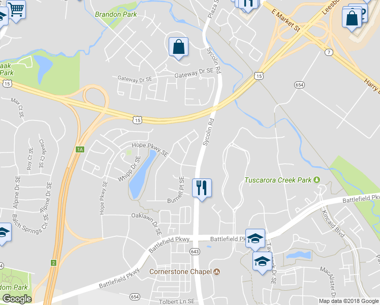 map of restaurants, bars, coffee shops, grocery stores, and more near 122 Shirley Square Southeast in Leesburg