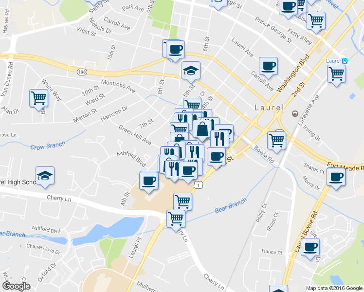 map of restaurants, bars, coffee shops, grocery stores, and more near 331 Domer Avenue in Laurel