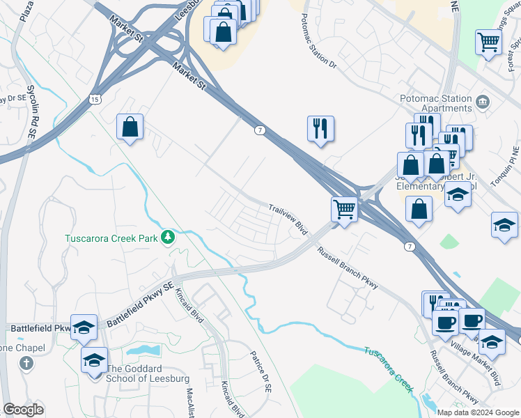 map of restaurants, bars, coffee shops, grocery stores, and more near 2204 Abboccato Terrace Southeast in Leesburg
