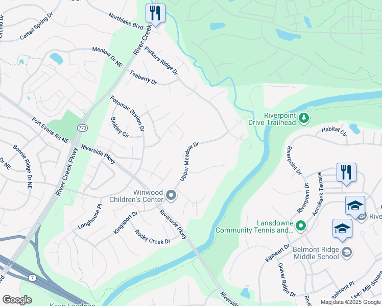 map of restaurants, bars, coffee shops, grocery stores, and more near 18752 Upper Meadow Drive in Leesburg