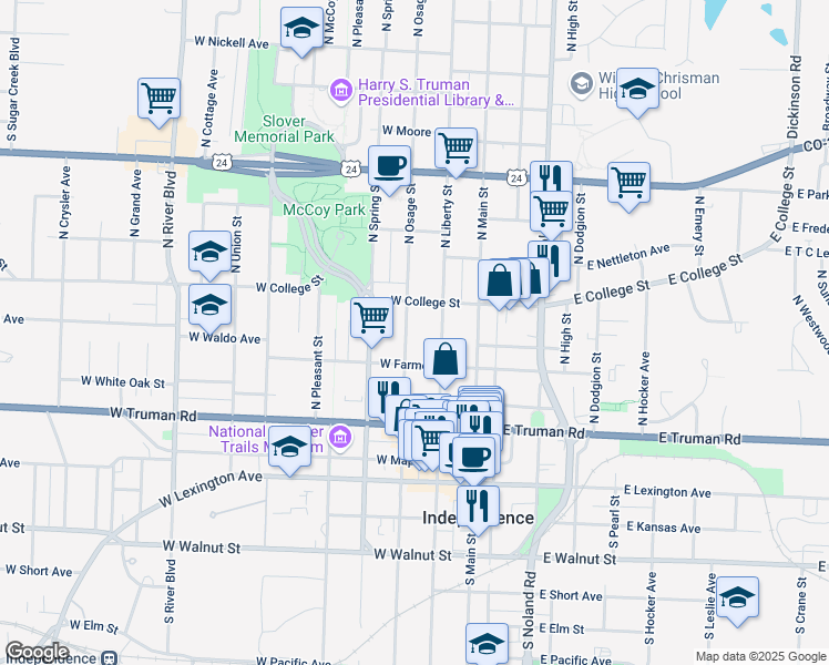 map of restaurants, bars, coffee shops, grocery stores, and more near 214 West Farmer Avenue in Independence