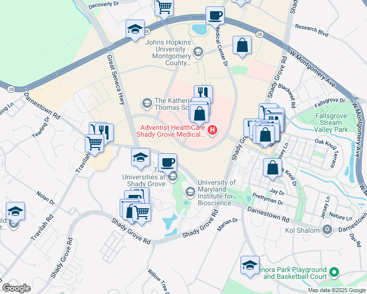 map of restaurants, bars, coffee shops, grocery stores, and more near 9896 Medical Center Drive in Rockville