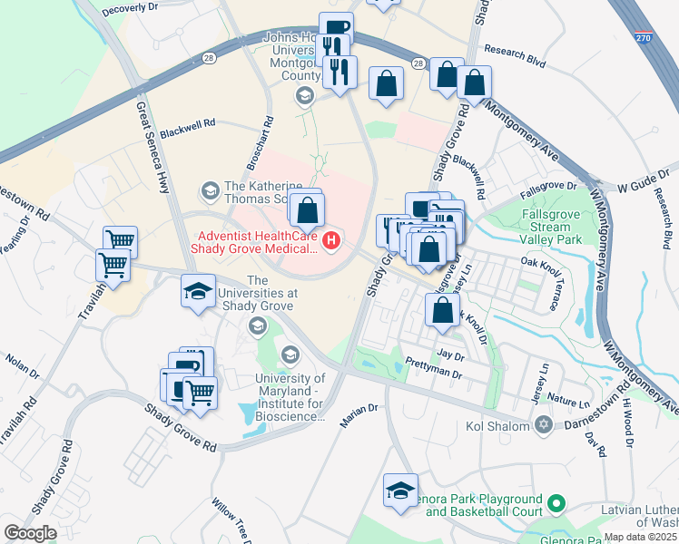 map of restaurants, bars, coffee shops, grocery stores, and more near 9808 Medical Center Drive in Rockville