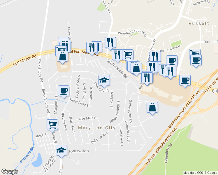 map of restaurants, bars, coffee shops, grocery stores, and more near 3354 Crumpton S in Maryland City