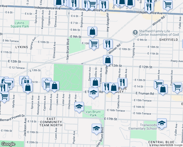 map of restaurants, bars, coffee shops, grocery stores, and more near 1304 Denver Avenue in Kansas City