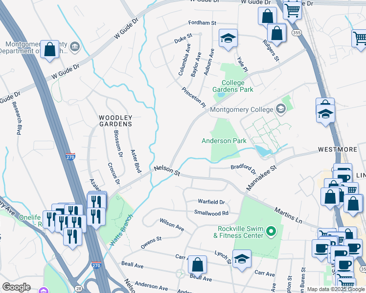 map of restaurants, bars, coffee shops, grocery stores, and more near 882 College Parkway in Rockville