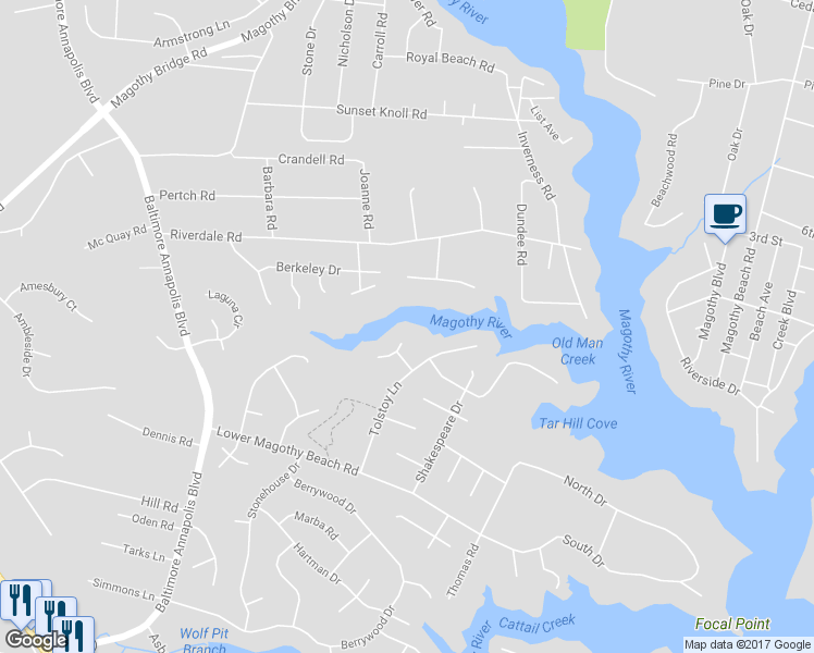 map of restaurants, bars, coffee shops, grocery stores, and more near 264 Capote Court East in Severna Park