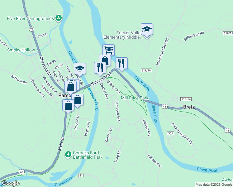 map of restaurants, bars, coffee shops, grocery stores, and more near 100-198 Jameson Avenue in Parsons