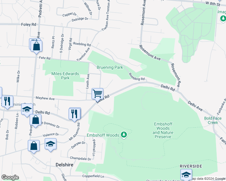 map of restaurants, bars, coffee shops, grocery stores, and more near 4123 Delhi Pike in Cincinnati
