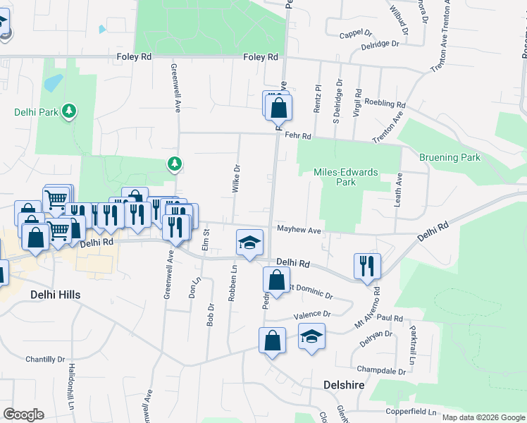 map of restaurants, bars, coffee shops, grocery stores, and more near 4511 Mayhew Avenue in Cincinnati