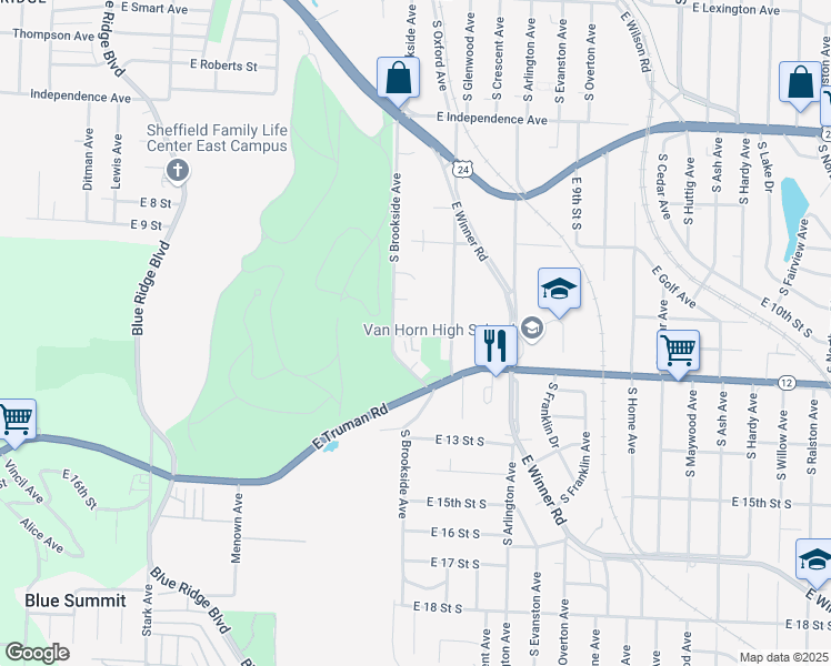 map of restaurants, bars, coffee shops, grocery stores, and more near 1105 South Brookside Avenue in Independence