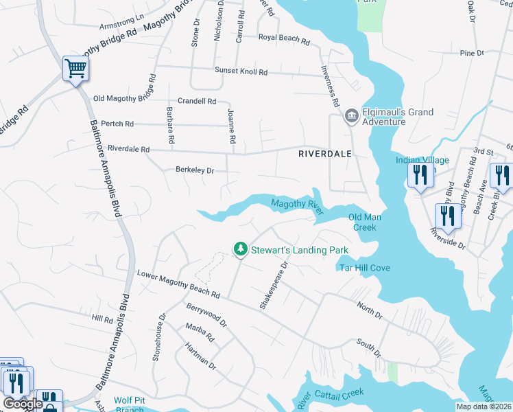 map of restaurants, bars, coffee shops, grocery stores, and more near 264 Capote Court East in Severna Park