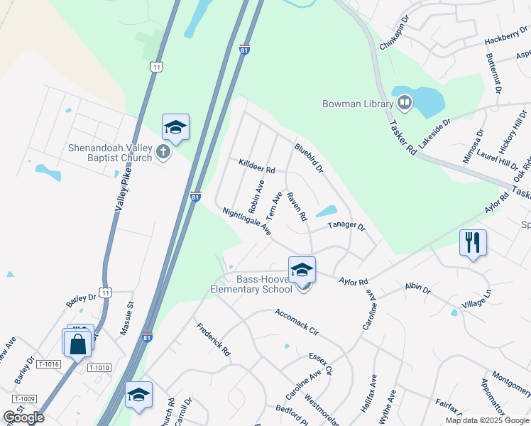 map of restaurants, bars, coffee shops, grocery stores, and more near 103 Tern Avenue in Stephens City