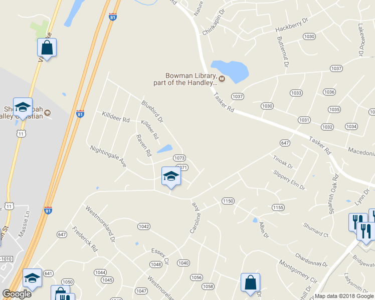 map of restaurants, bars, coffee shops, grocery stores, and more near 202 Bluebird Drive in Stephens City
