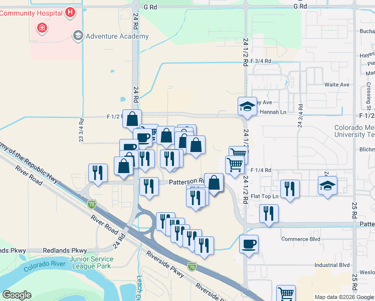 map of restaurants, bars, coffee shops, grocery stores, and more near 632 Market Street in Grand Junction