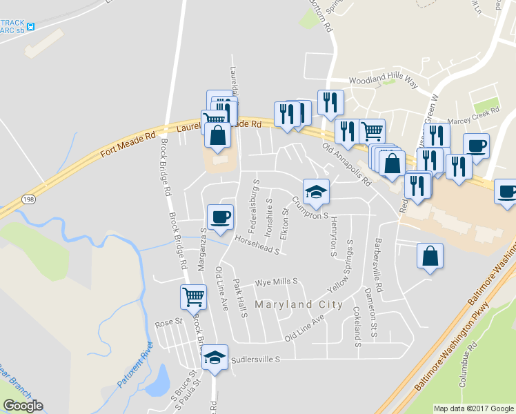map of restaurants, bars, coffee shops, grocery stores, and more near 241 Federalsburg South in Laurel
