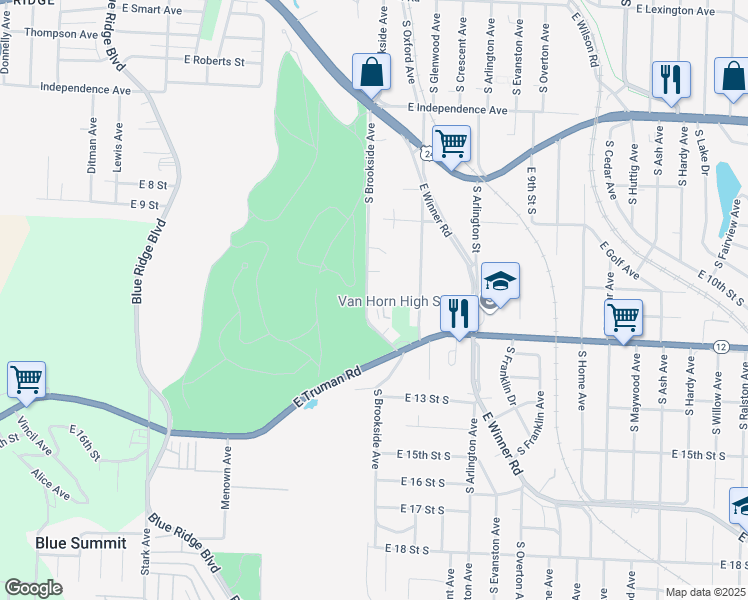 map of restaurants, bars, coffee shops, grocery stores, and more near 1017 South Brookside Avenue in Independence