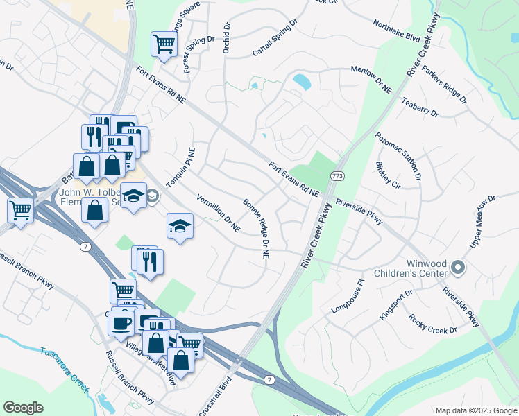 map of restaurants, bars, coffee shops, grocery stores, and more near 714 Sentinel Drive Northeast in Leesburg