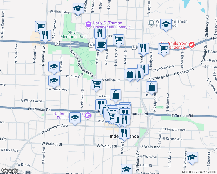 map of restaurants, bars, coffee shops, grocery stores, and more near 525 North Osage Street in Independence