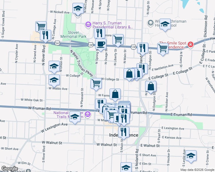 map of restaurants, bars, coffee shops, grocery stores, and more near 210 West College Street in Independence