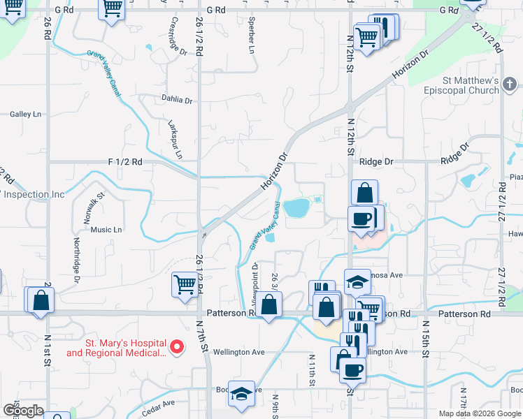 map of restaurants, bars, coffee shops, grocery stores, and more near 614-624 Horizon Drive in Grand Junction