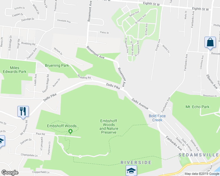 map of restaurants, bars, coffee shops, grocery stores, and more near 3910 Delhi Avenue in Cincinnati