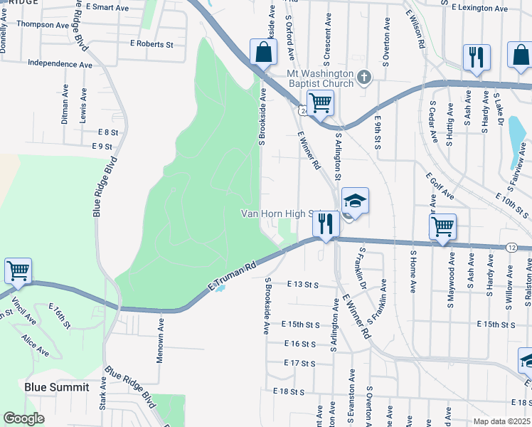 map of restaurants, bars, coffee shops, grocery stores, and more near 1017 South Brookside Avenue in Independence