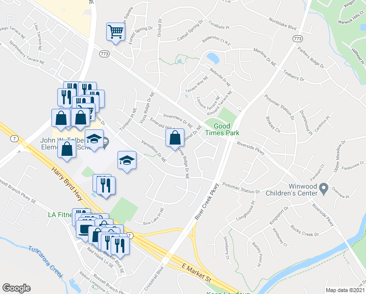 map of restaurants, bars, coffee shops, grocery stores, and more near 714 Sentinel Drive Northeast in Leesburg