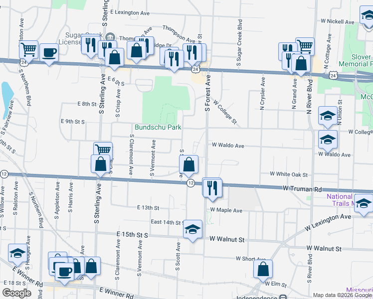 map of restaurants, bars, coffee shops, grocery stores, and more near 929 South Scott Avenue in Independence