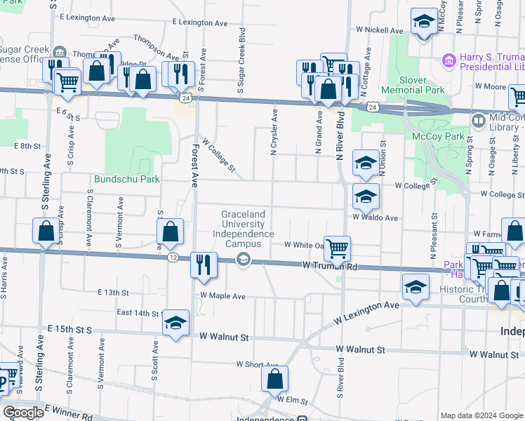map of restaurants, bars, coffee shops, grocery stores, and more near 1305 West Waldo Avenue in Independence
