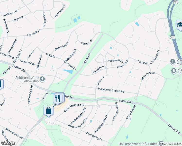 map of restaurants, bars, coffee shops, grocery stores, and more near 103 Carnoustie Lane in Stephens City