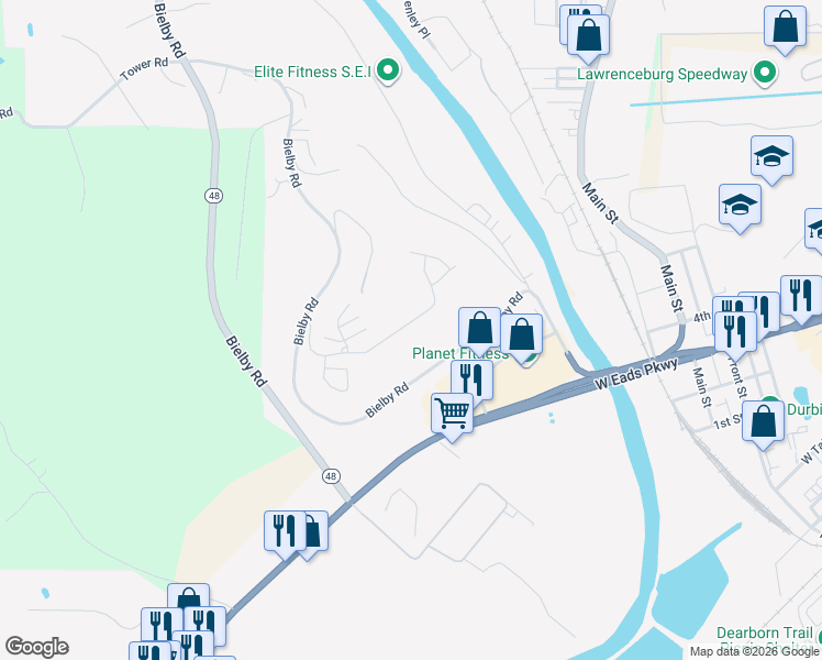 map of restaurants, bars, coffee shops, grocery stores, and more near 807 Riviera Drive in Lawrenceburg