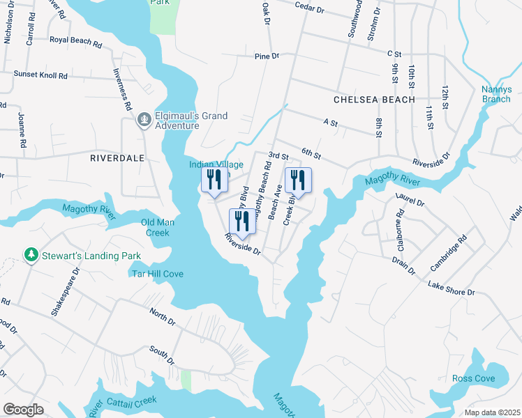 map of restaurants, bars, coffee shops, grocery stores, and more near 311 Magothy Beach Road in Pasadena
