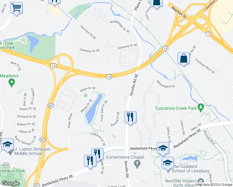 map of restaurants, bars, coffee shops, grocery stores, and more near 105 Shadwell Terrace Southeast in Leesburg