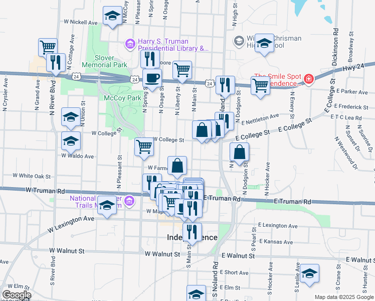 map of restaurants, bars, coffee shops, grocery stores, and more near 106 East College Street in Independence
