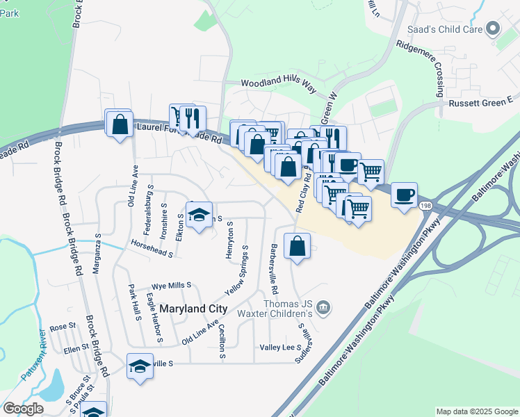 map of restaurants, bars, coffee shops, grocery stores, and more near 3335 Old Line Avenue in Laurel