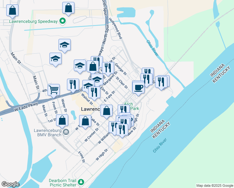 map of restaurants, bars, coffee shops, grocery stores, and more near 413 Arch Street in Lawrenceburg