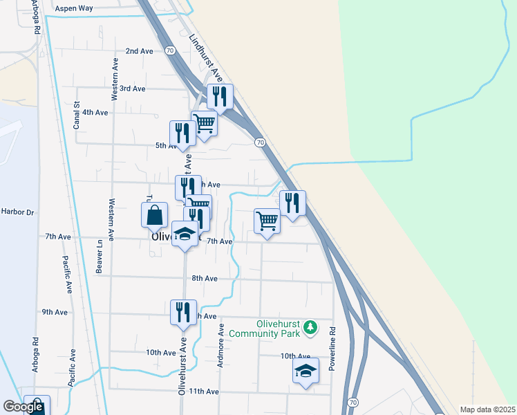 map of restaurants, bars, coffee shops, grocery stores, and more near 1859 Turpen Street in Olivehurst