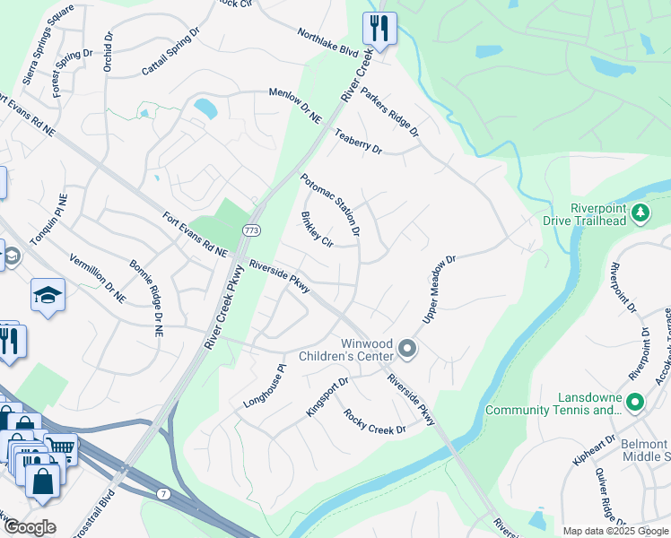 map of restaurants, bars, coffee shops, grocery stores, and more near 18767 Trident Square in Leesburg