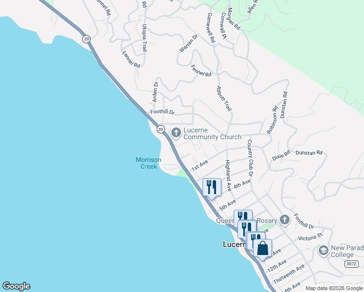 map of restaurants, bars, coffee shops, grocery stores, and more near 5890 East Highway 20 in Lucerne
