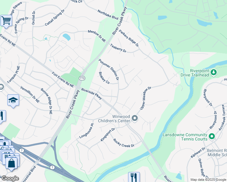map of restaurants, bars, coffee shops, grocery stores, and more near 18764 Trident Square in Leesburg